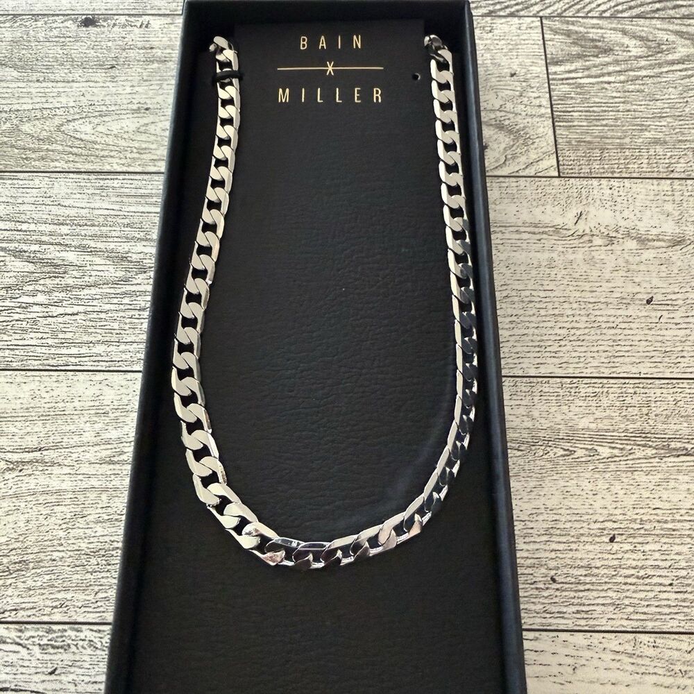 BAIN MILLER Men’s Jewelry Brass Cuban 20 Inches Chain Necklace Silver toned New - Picture 2 of 6
